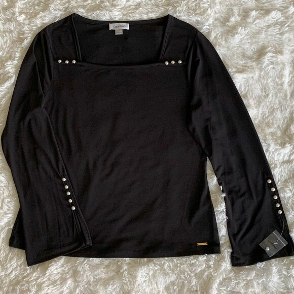 NWOT Calvin Klein PL Black Blouse Square Neck Pearl Accents Split Long Sleeves - Picture 1 of 16
